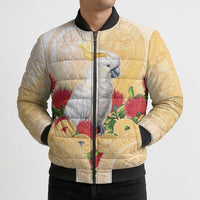 New Zealand Aotearoa Cockatoo Bomber Puffer Jacket Maori Pattern With Pohutukawa Flowers