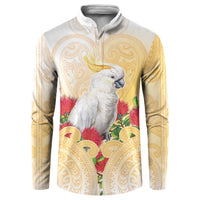 New Zealand Aotearoa Cockatoo Button Sweatshirt Maori Pattern With Pohutukawa Flowers