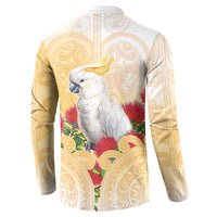New Zealand Aotearoa Cockatoo Button Sweatshirt Maori Pattern With Pohutukawa Flowers
