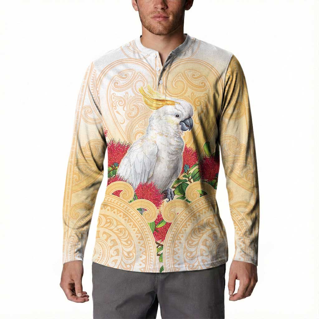 New Zealand Aotearoa Cockatoo Button Sweatshirt Maori Pattern With Pohutukawa Flowers