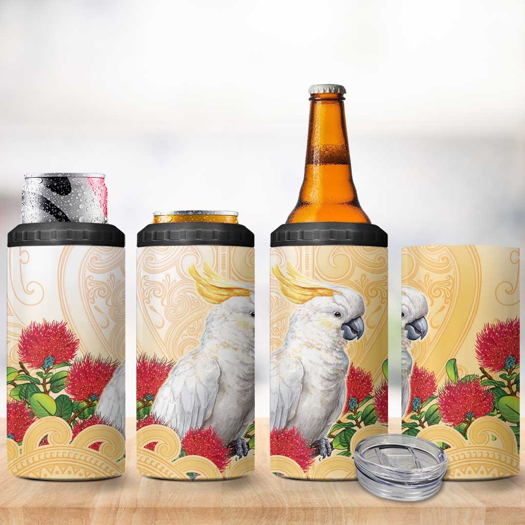New Zealand Aotearoa Cockatoo 4 in 1 Can Cooler Tumbler Maori Pattern With Pohutukawa Flowers