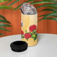 New Zealand Aotearoa Cockatoo 4 in 1 Can Cooler Tumbler Maori Pattern With Pohutukawa Flowers