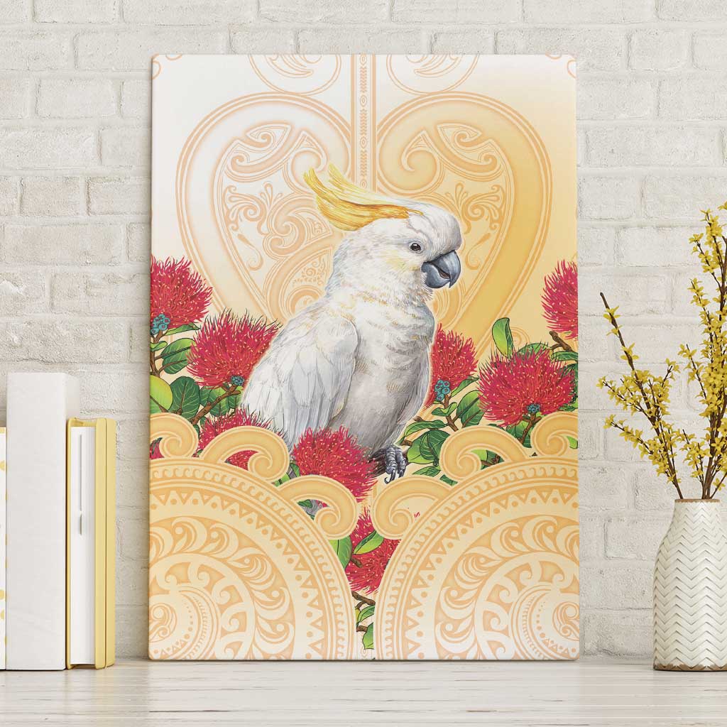 New Zealand Aotearoa Cockatoo Canvas Wall Art Maori Pattern With Pohutukawa Flowers LT05 Without Frame Beige - Polynesian Pride