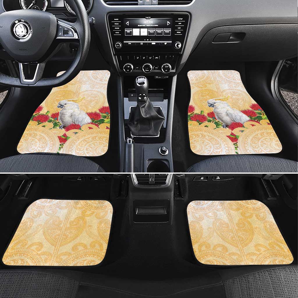 New Zealand Aotearoa Cockatoo Car Mats Maori Pattern With Pohutukawa Flowers LT05 Set 4pcs Beige - Polynesian Pride
