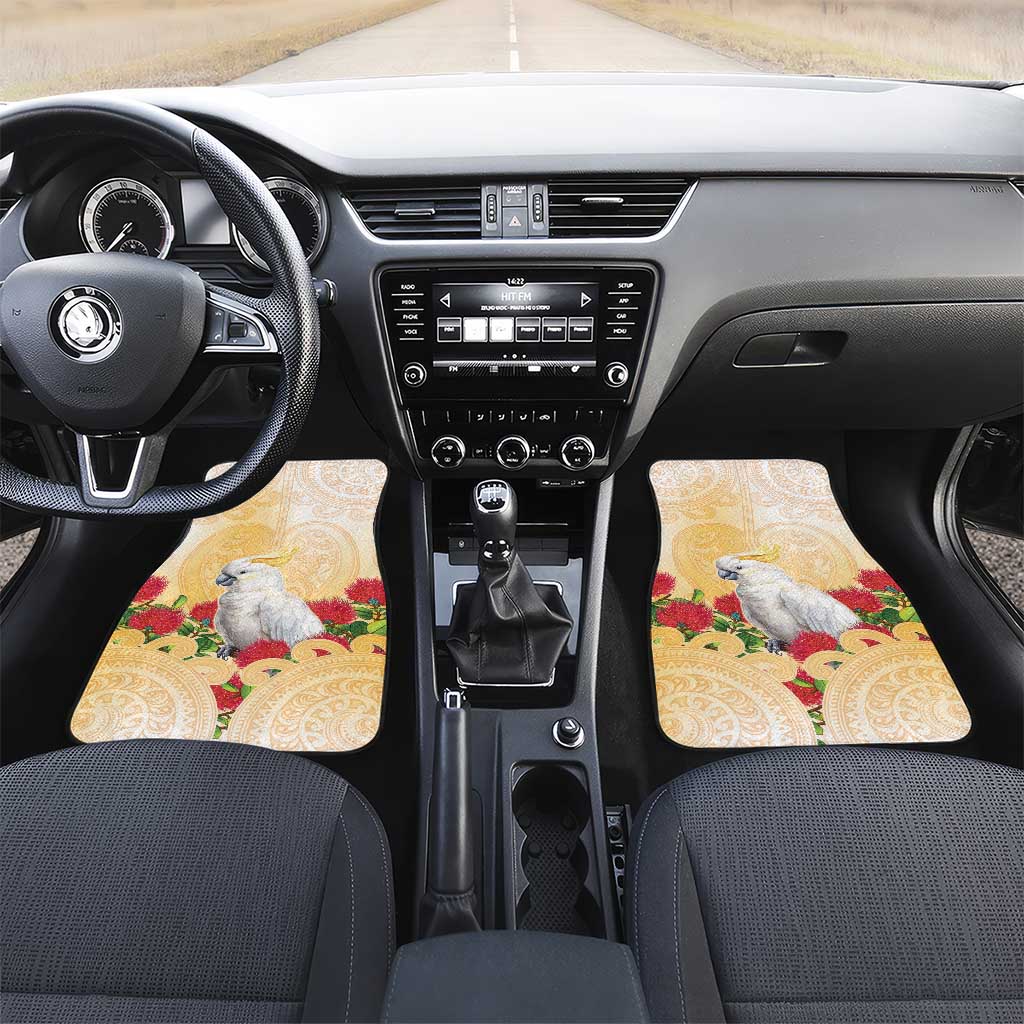 New Zealand Aotearoa Cockatoo Car Mats Maori Pattern With Pohutukawa Flowers LT05 Set 2pcs - Front Beige - Polynesian Pride
