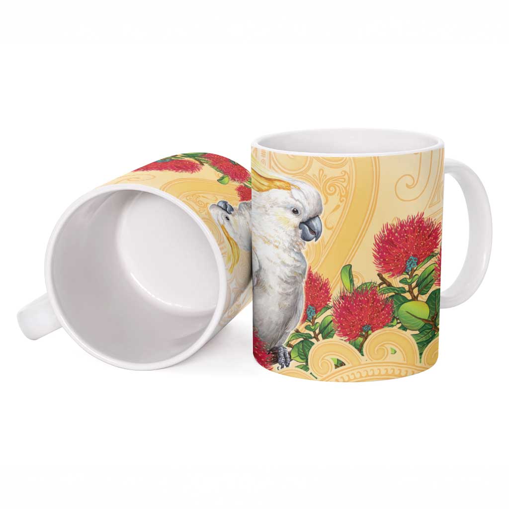 New Zealand Aotearoa Cockatoo Ceramic Mug Maori Pattern With Pohutukawa Flowers