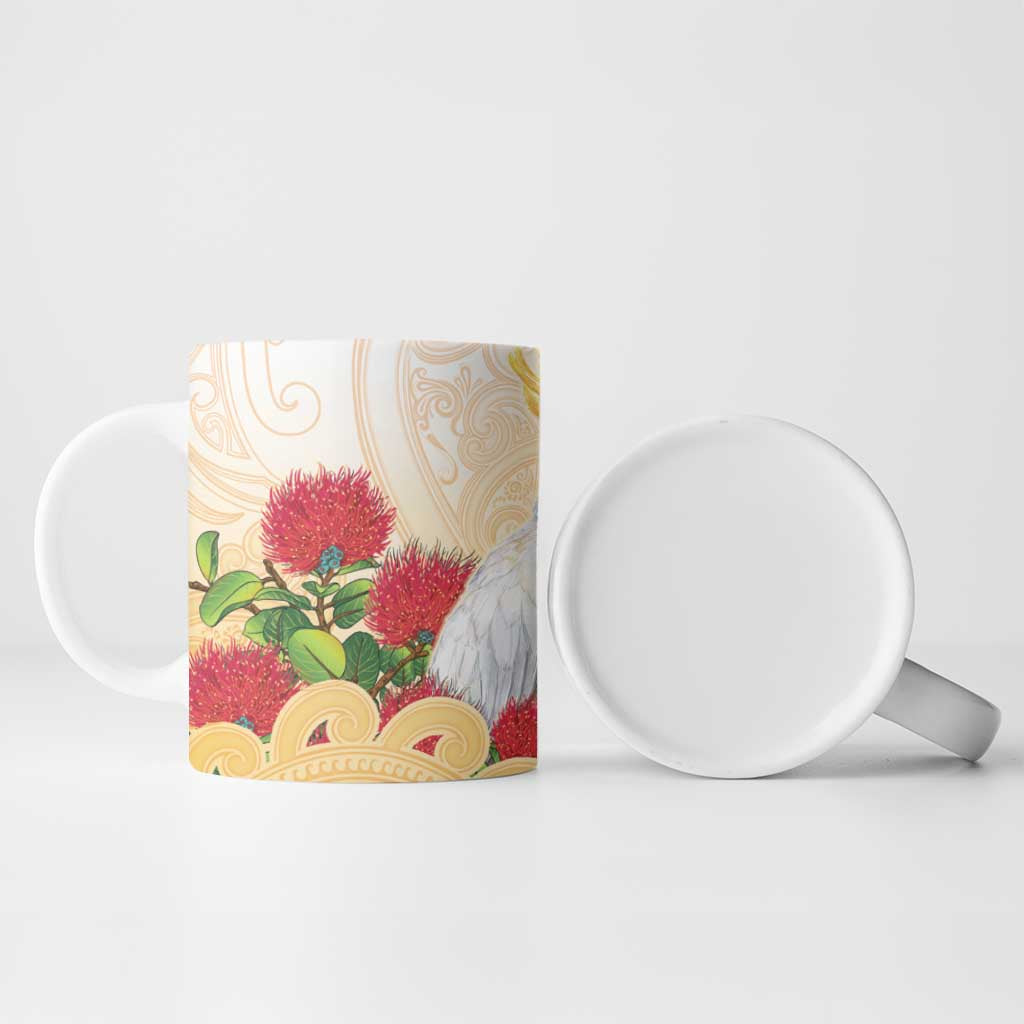 New Zealand Aotearoa Cockatoo Ceramic Mug Maori Pattern With Pohutukawa Flowers