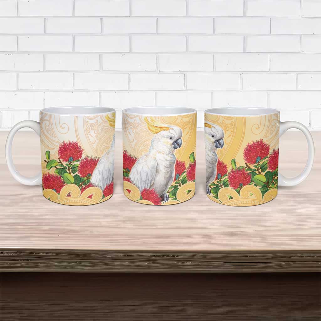 New Zealand Aotearoa Cockatoo Ceramic Mug Maori Pattern With Pohutukawa Flowers
