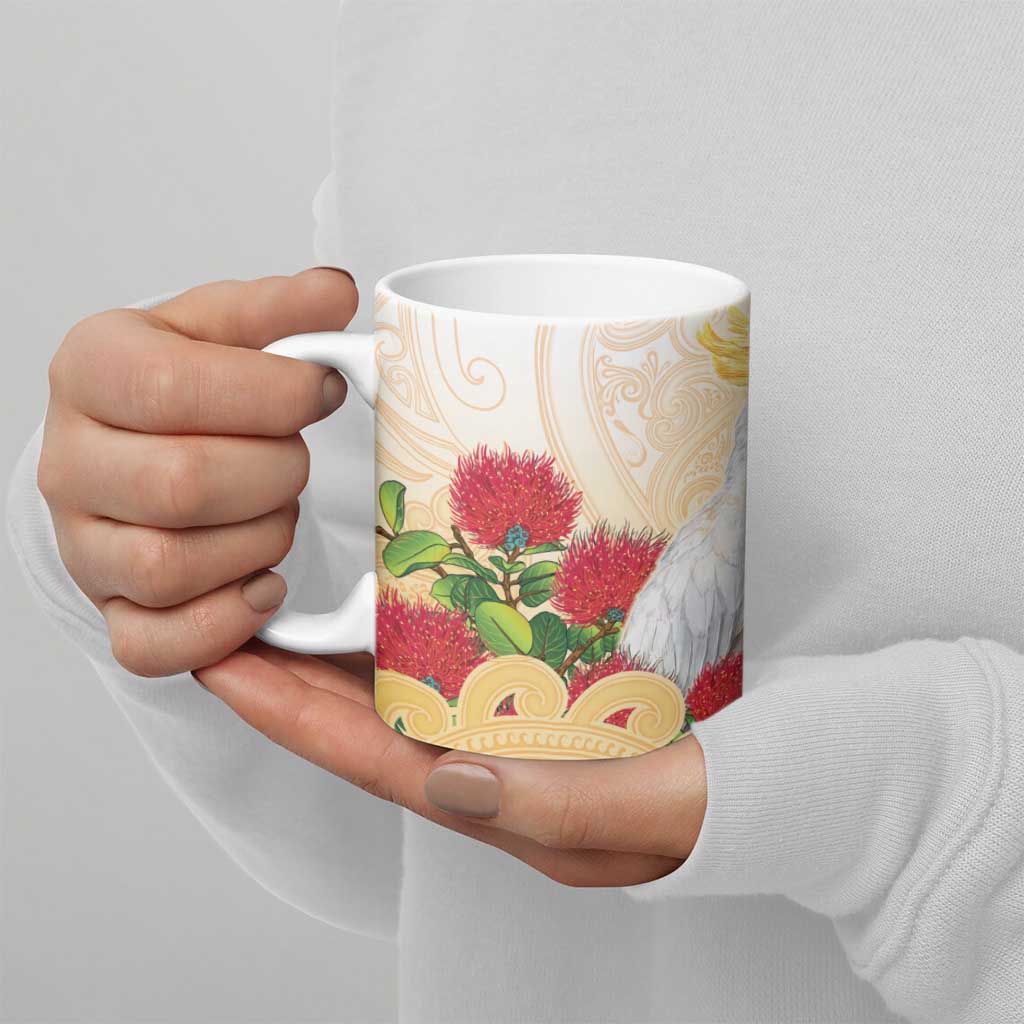 New Zealand Aotearoa Cockatoo Ceramic Mug Maori Pattern With Pohutukawa Flowers