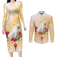 New Zealand Aotearoa Cockatoo Couples Matching Long Sleeve Bodycon Dress and Long Sleeve Button Shirt Maori Pattern With Pohutukawa Flowers