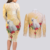 New Zealand Aotearoa Cockatoo Couples Matching Long Sleeve Bodycon Dress and Long Sleeve Button Shirt Maori Pattern With Pohutukawa Flowers