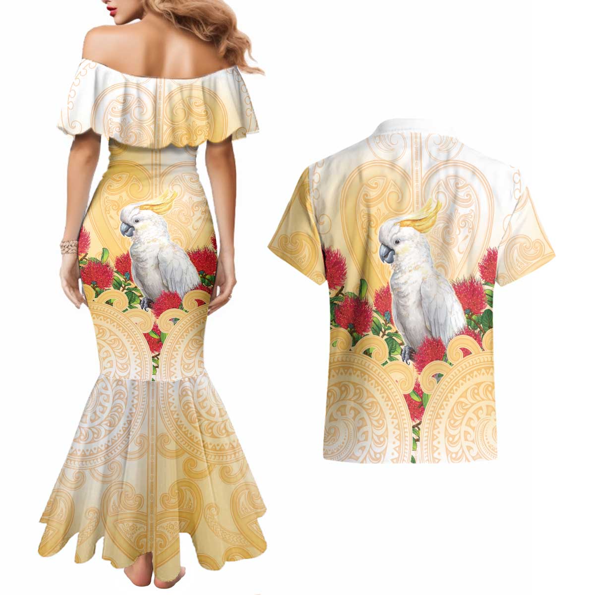 New Zealand Aotearoa Cockatoo Couples Matching Mermaid Dress and Hawaiian Shirt Maori Pattern With Pohutukawa Flowers
