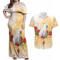 New Zealand Aotearoa Cockatoo Couples Matching Off Shoulder Maxi Dress and Hawaiian Shirt Maori Pattern With Pohutukawa Flowers
