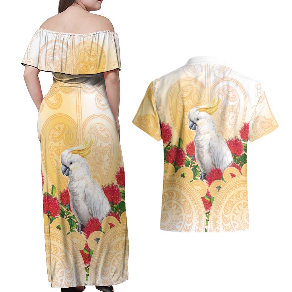 New Zealand Aotearoa Cockatoo Couples Matching Off Shoulder Maxi Dress and Hawaiian Shirt Maori Pattern With Pohutukawa Flowers