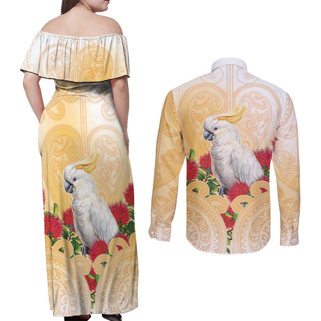 New Zealand Aotearoa Cockatoo Couples Matching Off Shoulder Maxi Dress and Long Sleeve Button Shirt Maori Pattern With Pohutukawa Flowers