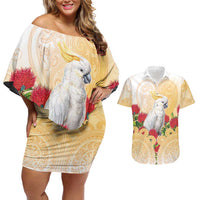 New Zealand Aotearoa Cockatoo Couples Matching Off Shoulder Short Dress and Hawaiian Shirt Maori Pattern With Pohutukawa Flowers