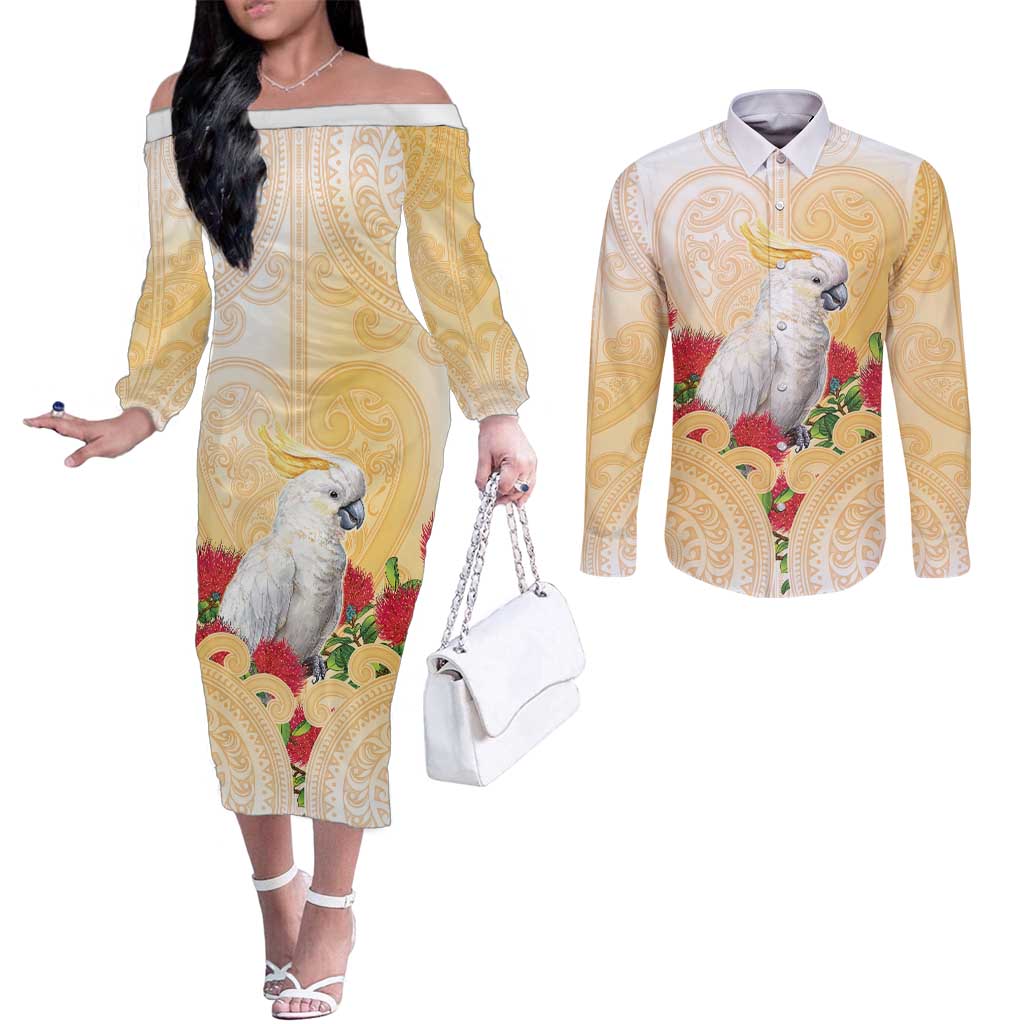 New Zealand Aotearoa Cockatoo Couples Matching Off The Shoulder Long Sleeve Dress and Long Sleeve Button Shirt Maori Pattern With Pohutukawa Flowers