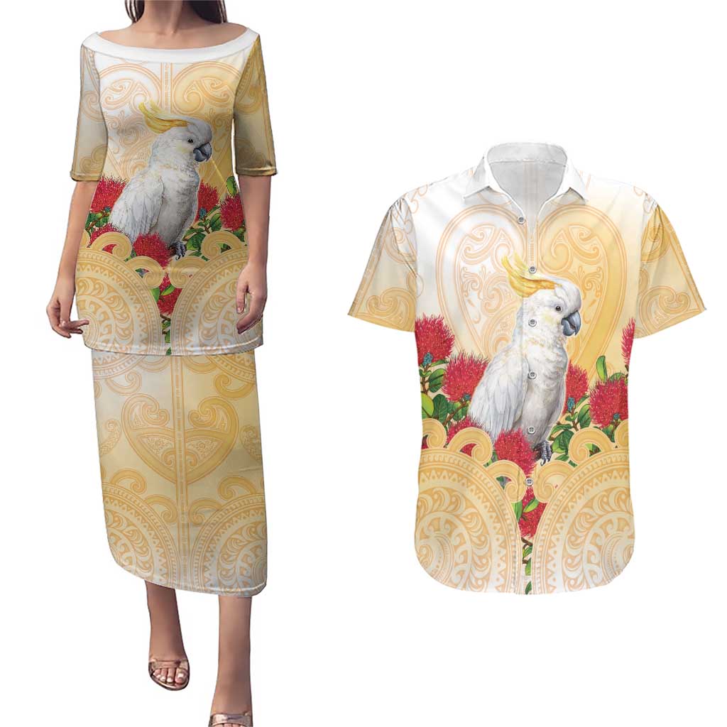 New Zealand Aotearoa Cockatoo Couples Matching Puletasi and Hawaiian Shirt Maori Pattern With Pohutukawa Flowers