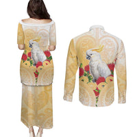 New Zealand Aotearoa Cockatoo Couples Matching Puletasi and Long Sleeve Button Shirt Maori Pattern With Pohutukawa Flowers