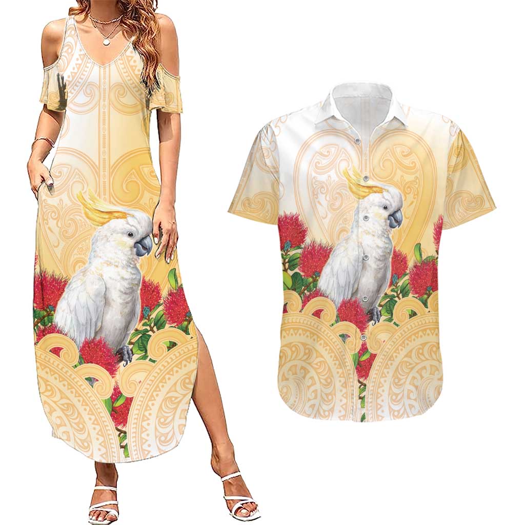 New Zealand Aotearoa Cockatoo Couples Matching Summer Maxi Dress and Hawaiian Shirt Maori Pattern With Pohutukawa Flowers