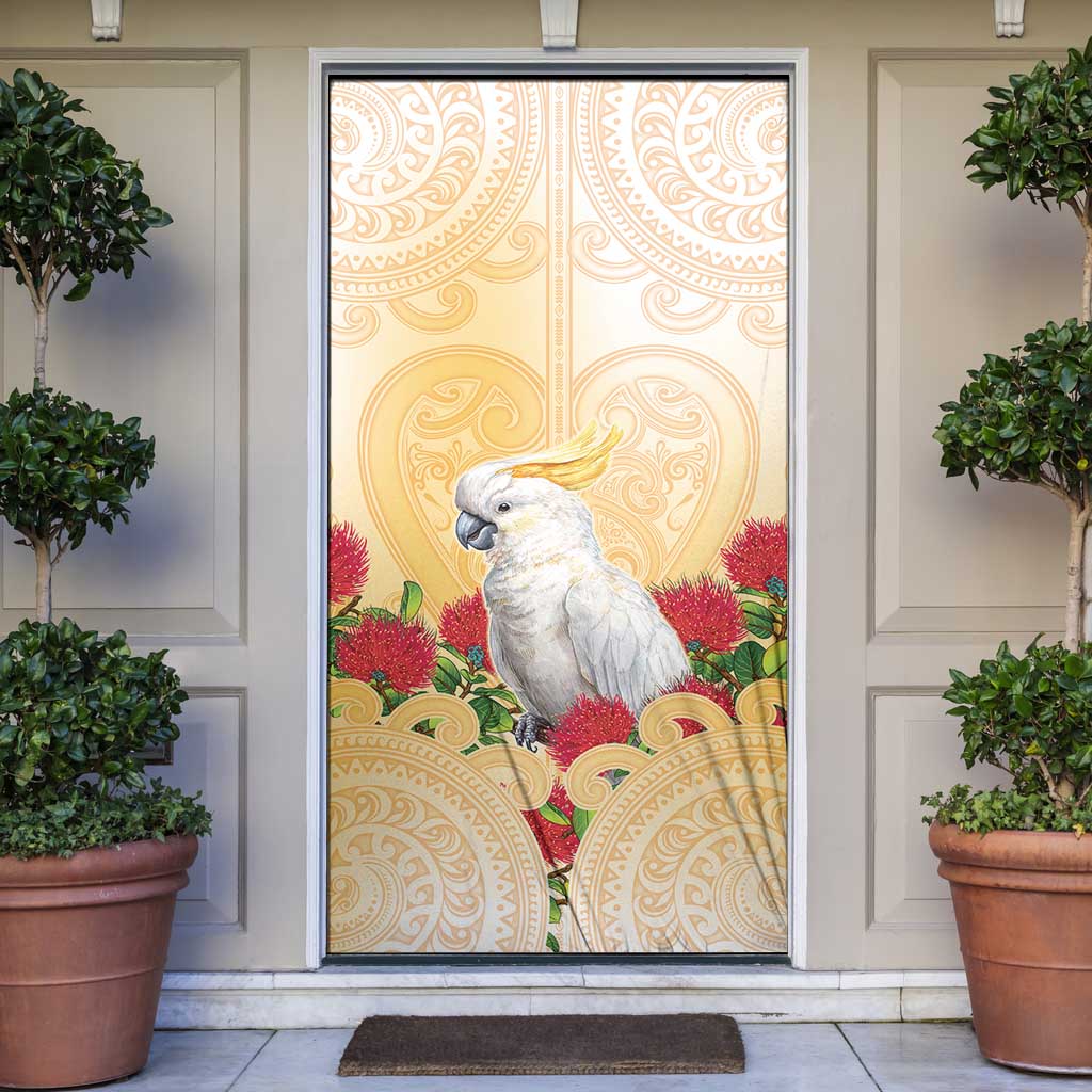 New Zealand Aotearoa Cockatoo Door Cover Maori Pattern With Pohutukawa Flowers