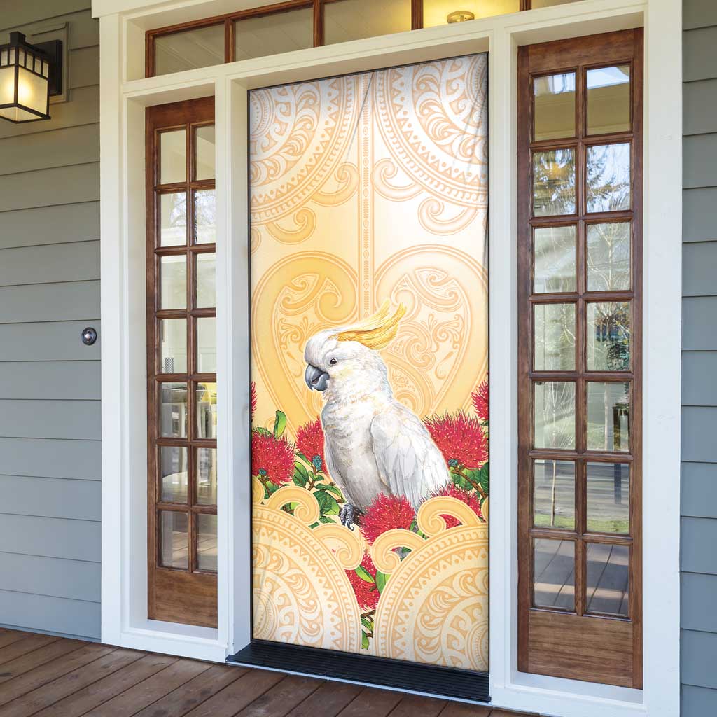 New Zealand Aotearoa Cockatoo Door Cover Maori Pattern With Pohutukawa Flowers