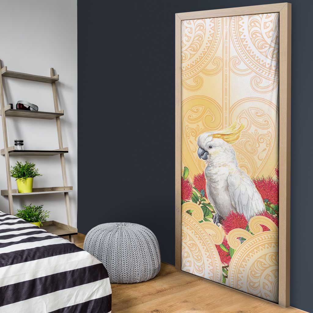 New Zealand Aotearoa Cockatoo Door Cover Maori Pattern With Pohutukawa Flowers
