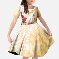 New Zealand Aotearoa Cockatoo Family Matching Long Sleeve Bodycon Dress and Hawaiian Shirt Maori Pattern With Pohutukawa Flowers LT05 Daughter's Dress Beige - Polynesian Pride