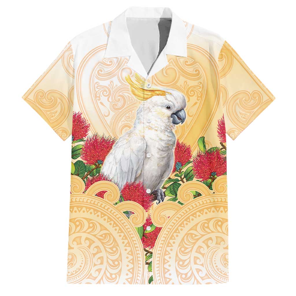 New Zealand Aotearoa Cockatoo Family Matching Long Sleeve Bodycon Dress and Hawaiian Shirt Maori Pattern With Pohutukawa Flowers LT05 Dad's Shirt - Short Sleeve Beige - Polynesian Pride