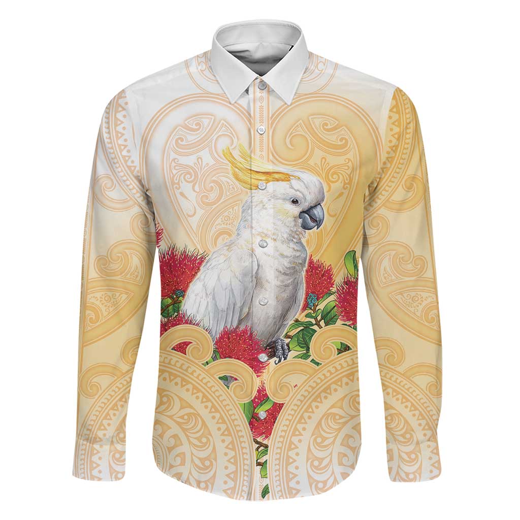 New Zealand Aotearoa Cockatoo Family Matching Long Sleeve Bodycon Dress and Hawaiian Shirt Maori Pattern With Pohutukawa Flowers LT05 Dad's Shirt - Long Sleeve Beige - Polynesian Pride
