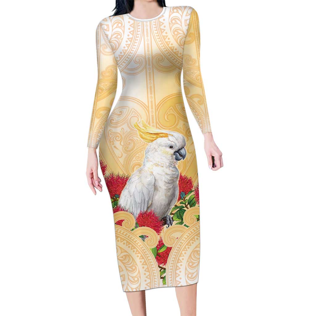 New Zealand Aotearoa Cockatoo Family Matching Long Sleeve Bodycon Dress and Hawaiian Shirt Maori Pattern With Pohutukawa Flowers LT05 Mom's Dress Beige - Polynesian Pride