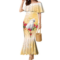 New Zealand Aotearoa Cockatoo Family Matching Mermaid Dress and Hawaiian Shirt Maori Pattern With Pohutukawa Flowers