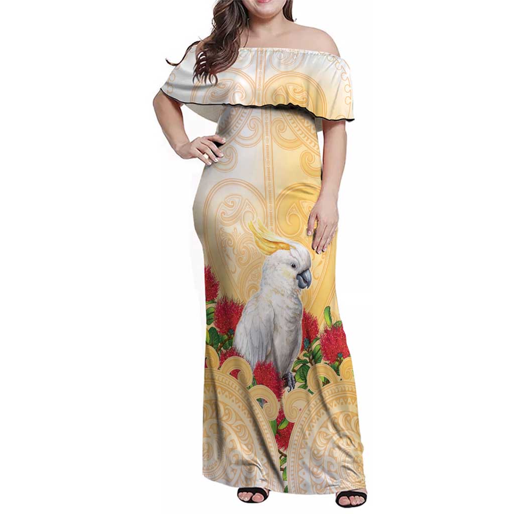 New Zealand Aotearoa Cockatoo Family Matching Off Shoulder Maxi Dress and Hawaiian Shirt Maori Pattern With Pohutukawa Flowers
