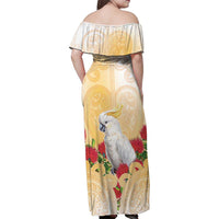 New Zealand Aotearoa Cockatoo Family Matching Off Shoulder Maxi Dress and Hawaiian Shirt Maori Pattern With Pohutukawa Flowers