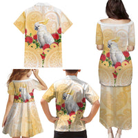 New Zealand Aotearoa Cockatoo Family Matching Puletasi and Hawaiian Shirt Maori Pattern With Pohutukawa Flowers
