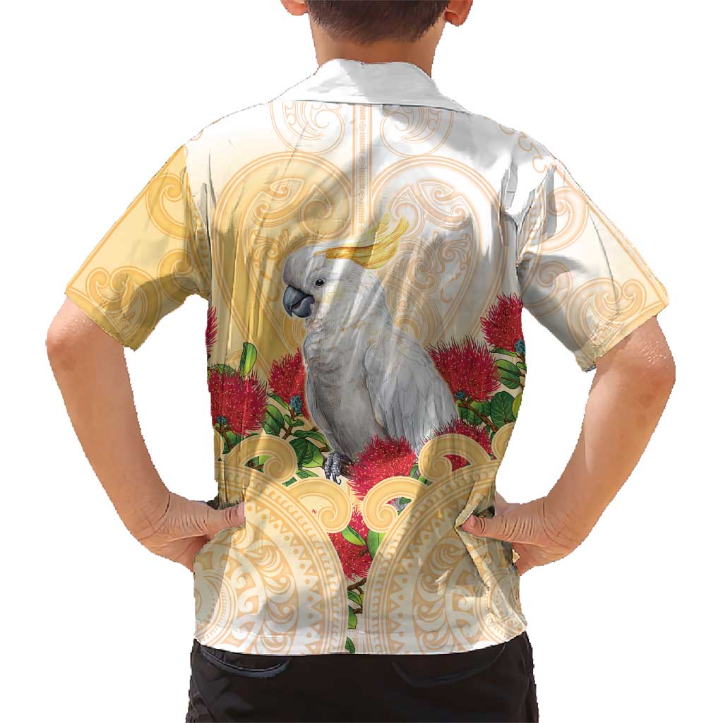 New Zealand Aotearoa Cockatoo Family Matching Short Sleeve Bodycon Dress and Hawaiian Shirt Maori Pattern With Pohutukawa Flowers LT05 - Polynesian Pride