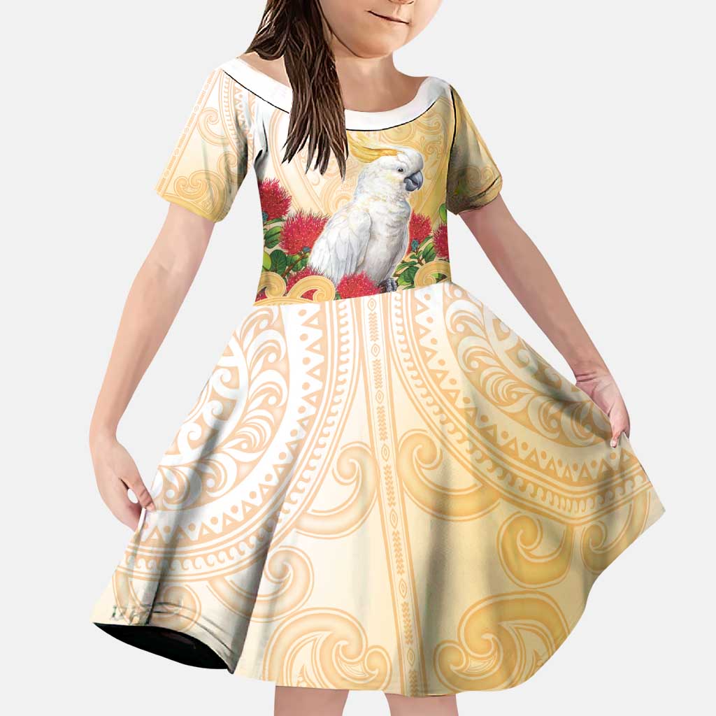 New Zealand Aotearoa Cockatoo Family Matching Short Sleeve Bodycon Dress and Hawaiian Shirt Maori Pattern With Pohutukawa Flowers LT05 Daughter's Dress Beige - Polynesian Pride