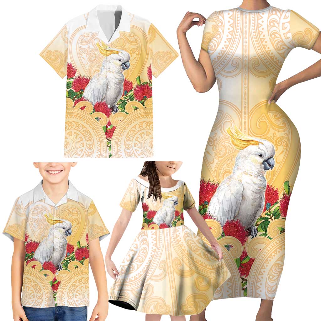New Zealand Aotearoa Cockatoo Family Matching Short Sleeve Bodycon Dress and Hawaiian Shirt Maori Pattern With Pohutukawa Flowers LT05 - Polynesian Pride