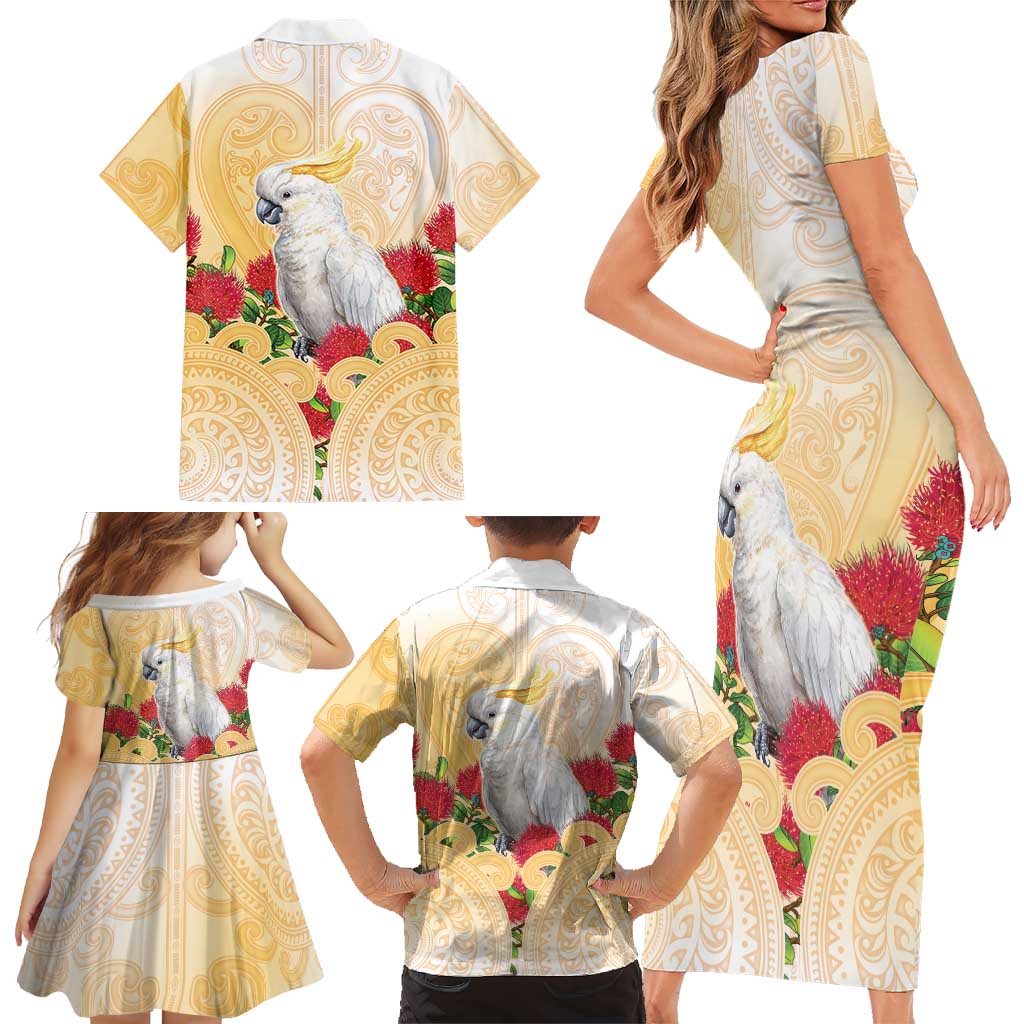 New Zealand Aotearoa Cockatoo Family Matching Short Sleeve Bodycon Dress and Hawaiian Shirt Maori Pattern With Pohutukawa Flowers LT05 - Polynesian Pride