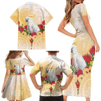 New Zealand Aotearoa Cockatoo Family Matching Short Sleeve Bodycon Dress and Hawaiian Shirt Maori Pattern With Pohutukawa Flowers LT05 - Polynesian Pride