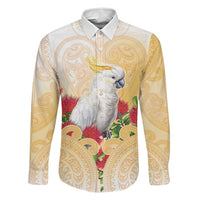 New Zealand Aotearoa Cockatoo Family Matching Short Sleeve Bodycon Dress and Hawaiian Shirt Maori Pattern With Pohutukawa Flowers LT05 Dad's Shirt - Long Sleeve Beige - Polynesian Pride