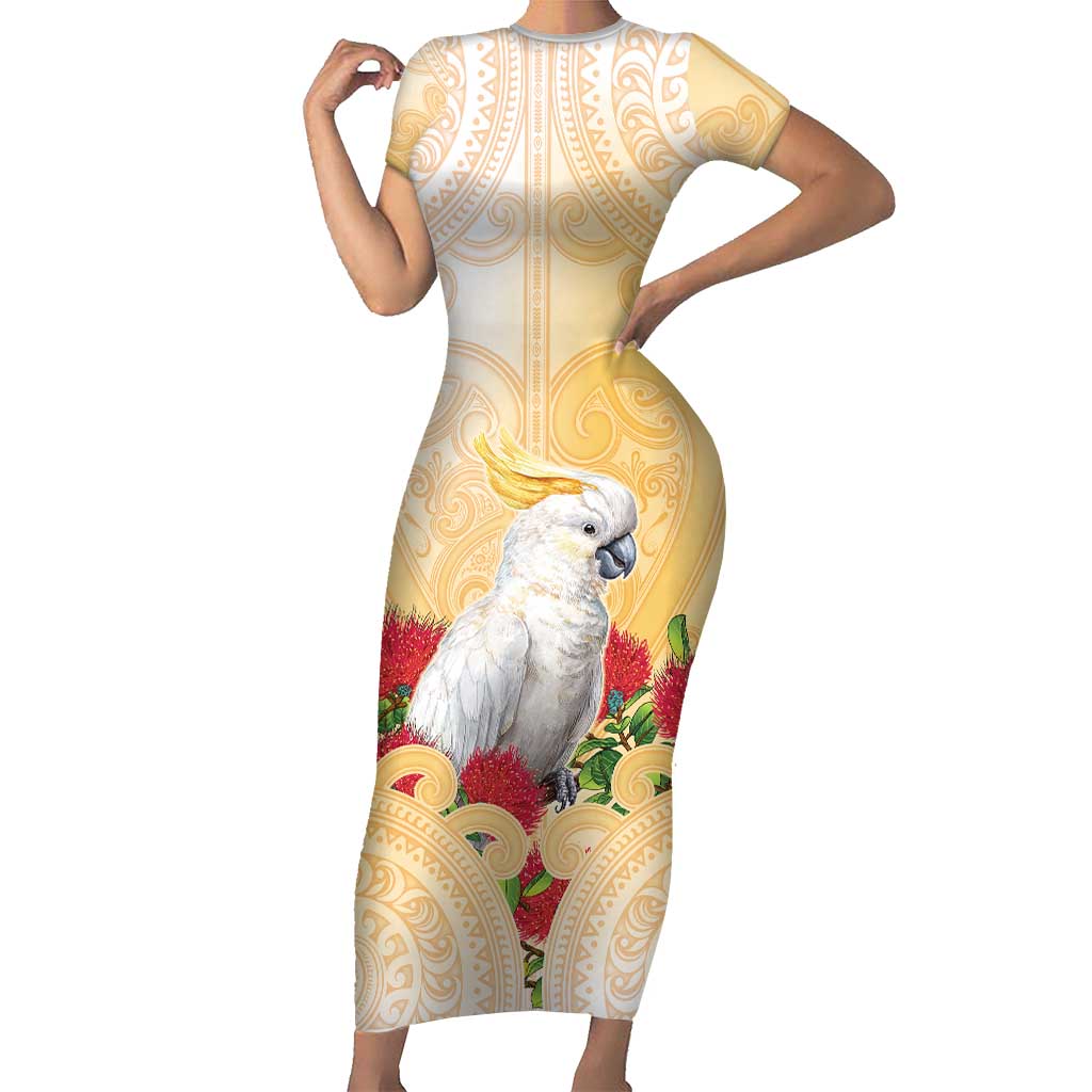 New Zealand Aotearoa Cockatoo Family Matching Short Sleeve Bodycon Dress and Hawaiian Shirt Maori Pattern With Pohutukawa Flowers LT05 Mom's Dress Beige - Polynesian Pride