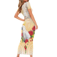 New Zealand Aotearoa Cockatoo Family Matching Short Sleeve Bodycon Dress and Hawaiian Shirt Maori Pattern With Pohutukawa Flowers LT05 - Polynesian Pride
