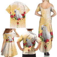New Zealand Aotearoa Cockatoo Family Matching Summer Maxi Dress and Hawaiian Shirt Maori Pattern With Pohutukawa Flowers