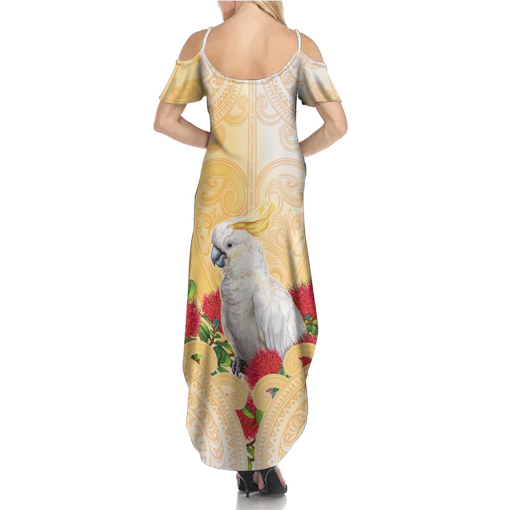 New Zealand Aotearoa Cockatoo Family Matching Summer Maxi Dress and Hawaiian Shirt Maori Pattern With Pohutukawa Flowers
