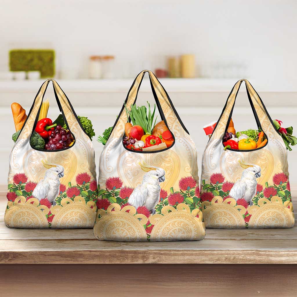 New Zealand Aotearoa Cockatoo Grocery Bag Maori Pattern With Pohutukawa Flowers LT05 3-pack One Size Beige - Polynesian Pride