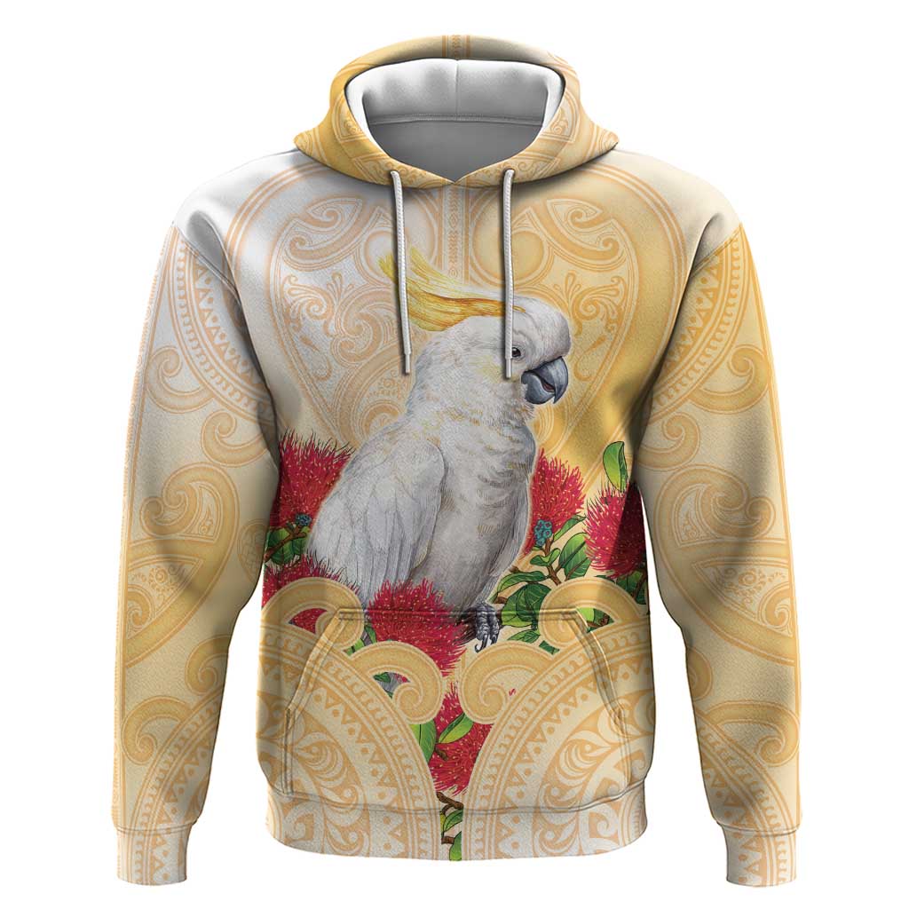 New Zealand Aotearoa Cockatoo Hoodie Maori Pattern With Pohutukawa Flowers LT05 Pullover Hoodie Beige - Polynesian Pride