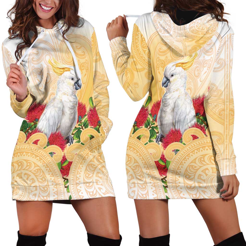 New Zealand Aotearoa Cockatoo Hoodie Dress Maori Pattern With Pohutukawa Flowers LT05 - Polynesian Pride