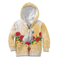 New Zealand Aotearoa Cockatoo Kid Hoodie Maori Pattern With Pohutukawa Flowers