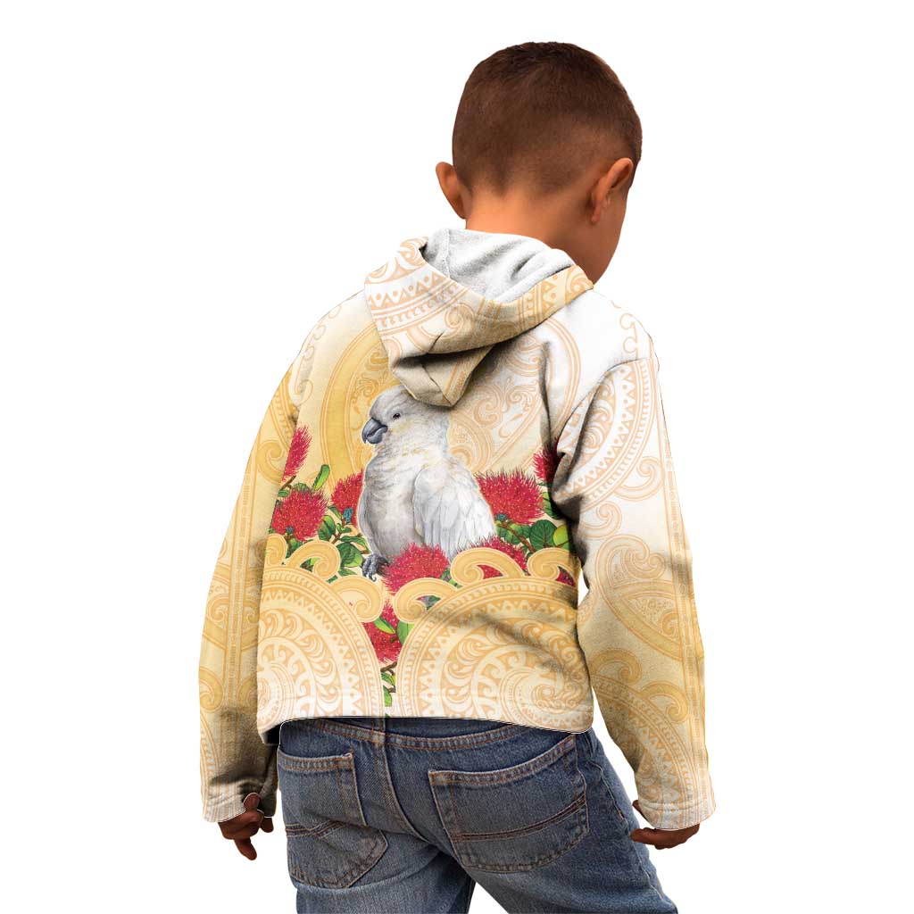 New Zealand Aotearoa Cockatoo Kid Hoodie Maori Pattern With Pohutukawa Flowers